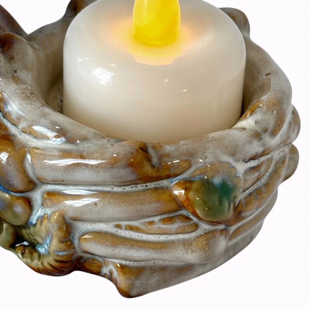 Majolica Style Ceramic Songbird Nest Votive Tealight Candle Holder Vintage